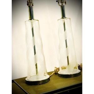 Pair of Mid-Century Modern Glass Lamps with Etched Stripe